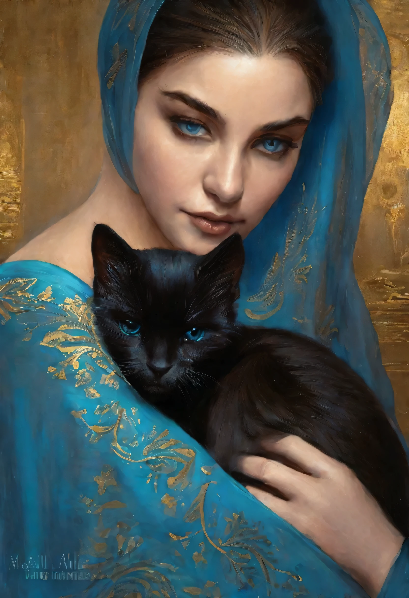 una pintura al óleo de primer plano de una mujer sosteniendo un gato negro en sus brazos, llevando un velo azul y dorado, Pintura detallada 4K, magali villeneuve&#39;, con ojos encantadores, karol detrás uhd, Por Tom Bagshaw y Boris Vallejo, Mujer y gato, la mujer lleva un velo azul dorado, Graphic artist magali villeneuve, Tom Bagshaw Donato Giancola, Bella arte UHD 4K, detalles intrincados, perfecto, estilo degas