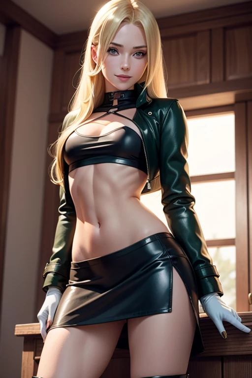 NSFWsexy, mason, back, smiling, long blonde hair and green eyes, black croptop, top, jacket, no skirt, red boots, white gloves, high heeled boots