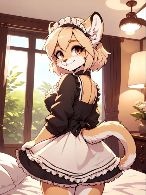 A charming and busty anthropomorphic female lioness dressed as a not so innocent and flirtatious maid. She has medium, bobbed bl...