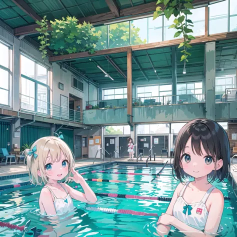 8-year-old、pretty girl、big indoor pool、a happy smile、beautiful background, four girls,