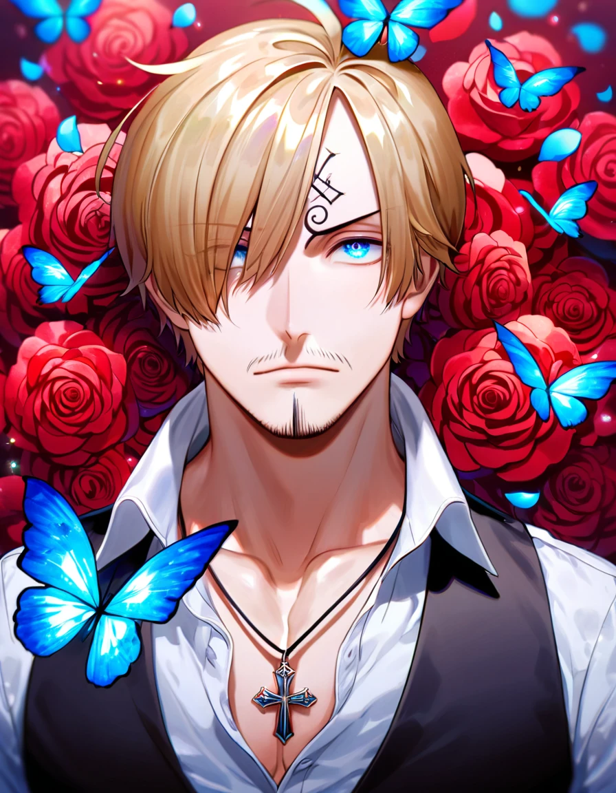 Ultra detailed, HDR, Highres, absurdres, master piece, Sanji, blond hair, expressive blue eyes, black vest, One Piece, red glittering butterflies, petals, fantasy, red flowers, sexy man, solo, handsome, glittering, toned chest, red background, neckle, red roses, white shirt, cross, magical, radiant, very detailed eyes and face, best quality