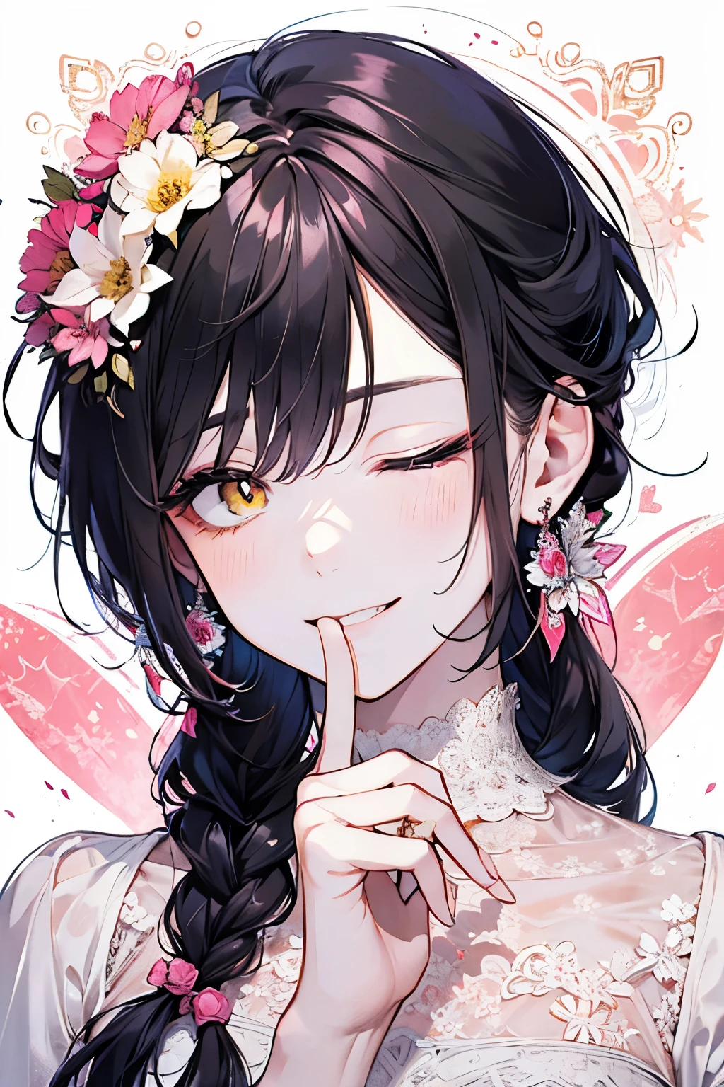 ((17years old man:1.2)), masterpiece, best quality, braid hair, black hair, (half up and half down hair:1.1),(portrait),white wedding dress,(pop and cute flower pattern background), (perfect hands),(pink,yellow,white),looking front,((Large and gorgeous earrings:1.1)),(With eyes closed, waiting for a kiss:1.35),((hand to own mouth:1.2)),((upper body)),((Looking up:1.2)),((heart:1.2)),(smile)