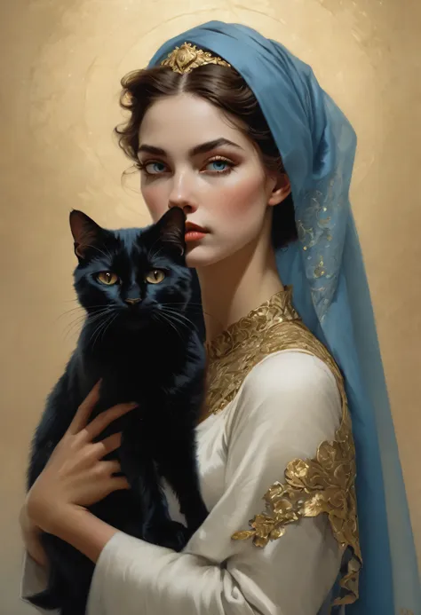 uma pintura a óleo de close-up of a woman holding a black cat in her arms, wearing a blue and gold veil, pintura detalhada 4k, c...