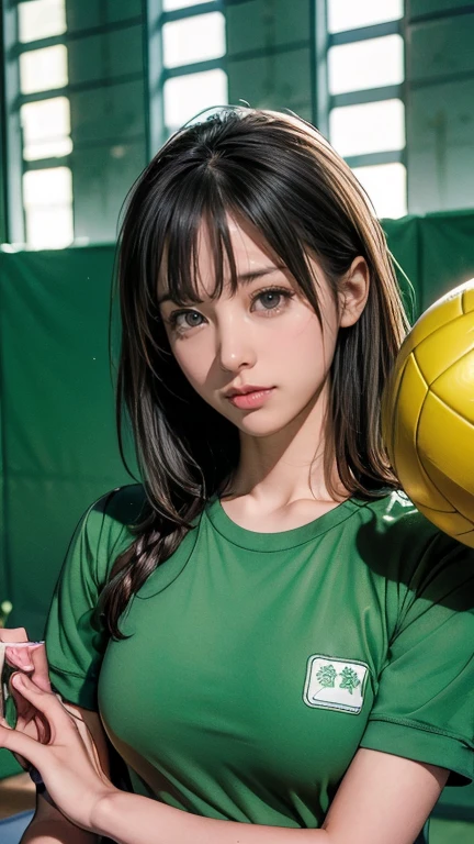 Séance photo par un photographe professionnel, chef-d&#39;œuvre, précis, anatomiquement correct, Peau texturée, détails élevés, meilleure qualité, 16k、Une femme d’une cinquantaine d’années vêtue d’un uniforme vert sert un ballon de volley-ball devant une foule., porter un maillot de volley-ball, Chiho Ashima, Akikazu Mizuno, Shinsui Ito, Trou dans la devise, Mao Hamaguchi, ((Tatsuro Yamashita)), Marin Kitagawa, Yuuka Kazami, Yuuki Hagure, diable à qui