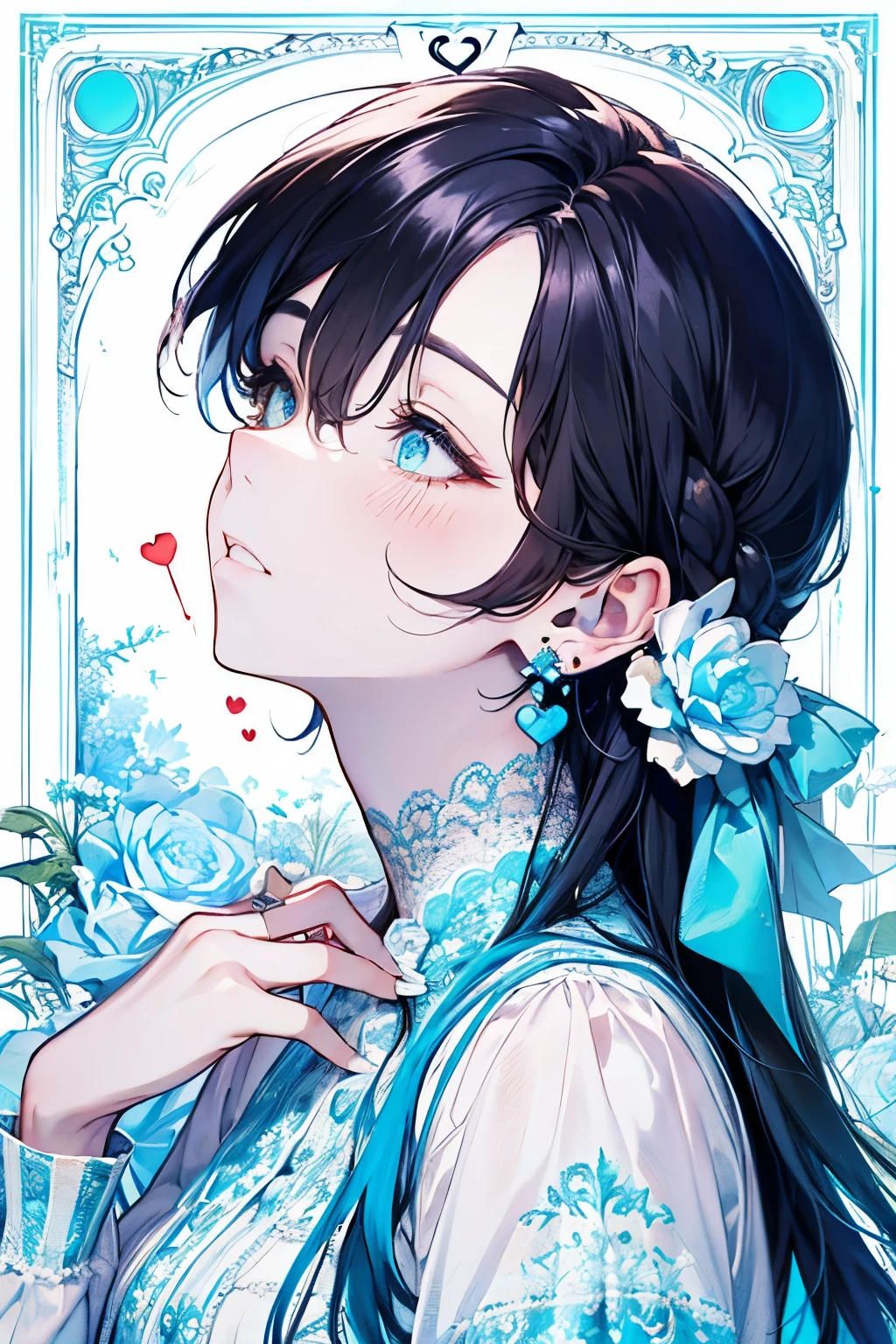 ((17years old man:1.2)), masterpiece, best quality, braid hair, black hair, (half up and half down hair:1.1),(portrait),white wedding dress,(pop and cute flower pattern background), (perfect hands),(Light blue,yellow,white),looking front,((Large and gorgeous earrings:1.1)),(With eyes closed, waiting for a kiss:1.35),((hand to own mouth:1.2)),((upper body)),((Looking up:1.2)),((heart:1.2))