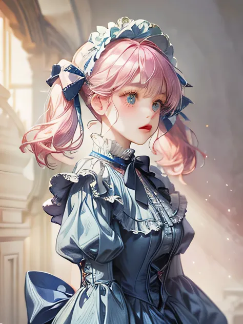 Lolita、Wearing a blue bonnet、Pink Hair、Fluffy hair、The whole body enters、No background、Twin tails、Blue dress