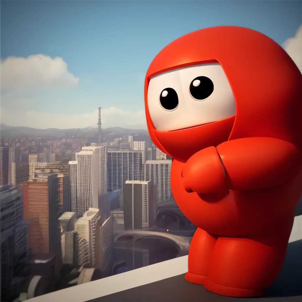 a close up of a red character in front of a city, digital art inspired by Heinz Anger, zbrush central contest winner, digital art, baymax, depicted as a pixar character, in style of baymax, baymax from big hero 6, pixar renderman render, ideal pixar character, render in pixar, pixar character, pixar 3d render