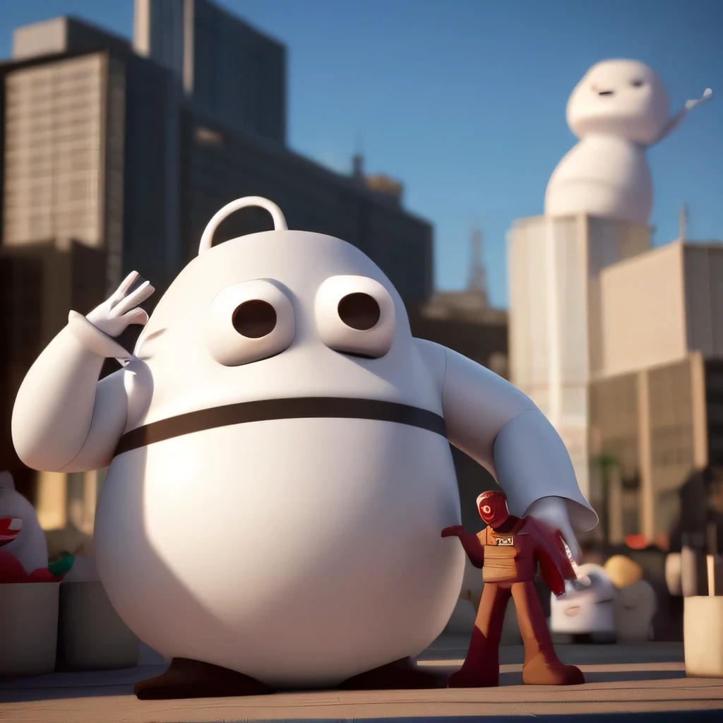 a close up of a red character in front of a city, digital art inspired by Heinz Anger, zbrush central contest winner, digital art, baymax, depicted as a pixar character, in style of baymax, baymax from big hero 6, pixar renderman render, ideal pixar character, render in pixar, pixar character, pixar 3d render
