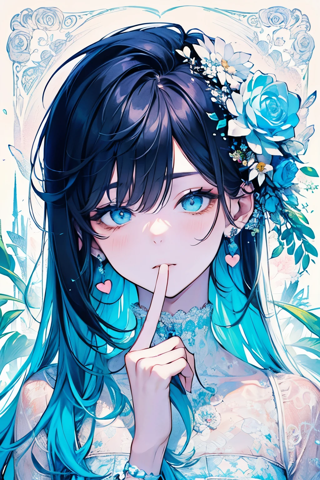 ((17years old man:1.2)), masterpiece, best quality, braid hair, black hair, (half up and half down hair:1.1),(portrait),white wedding dress,(pop and cute flower pattern background), (perfect hands),(Light blue,yellow,white),looking front,((Large and gorgeous earrings:1.1)),(With eyes closed, waiting for a kiss:1.35),((hand to own mouth:1.2)),((upper body)),((Looking up:1.2)),((heart:1.2))