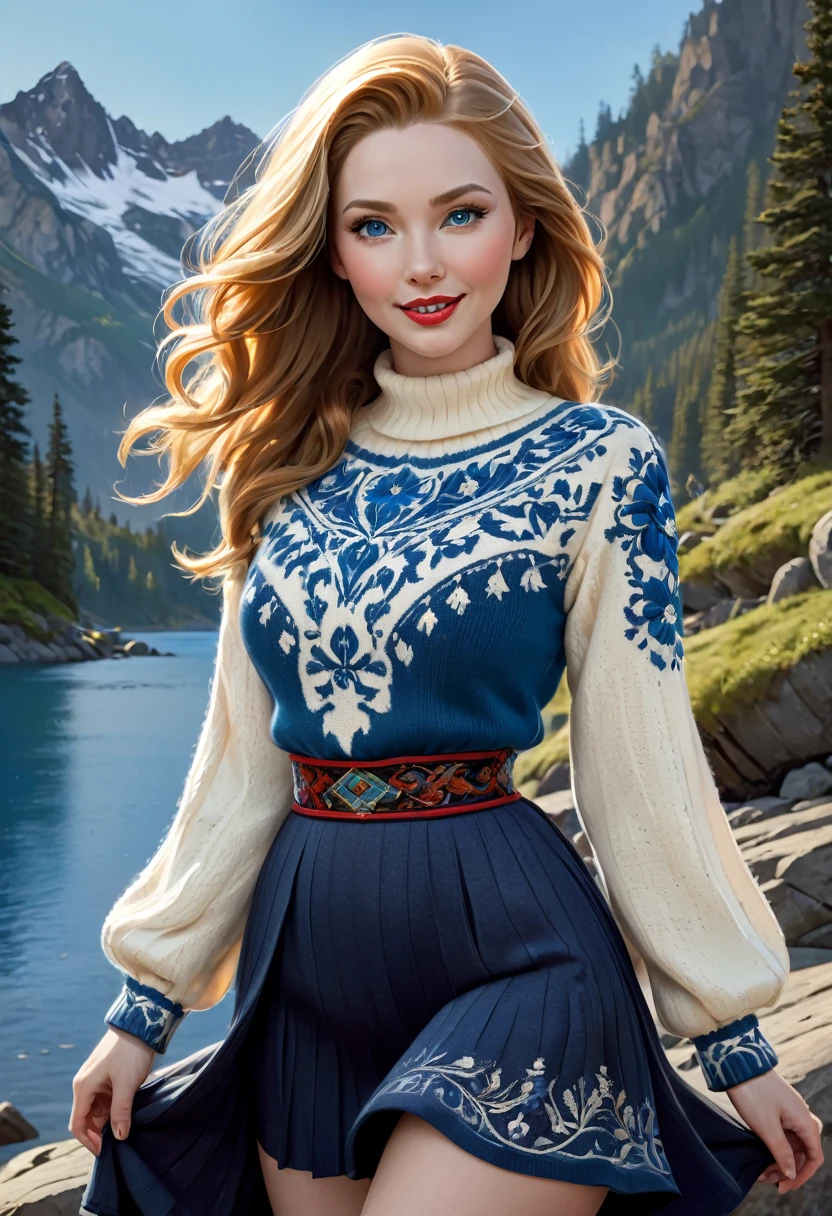 1girl, Large blond Hair With Messy Strands, Pale Skin, Red Lipstick, Dress Covered With Intricate Wood Cut Patterns. round full face, full features. wide toothy smile.Dynamic Pose., Detailed Eyes,, wide eyes, Standing On A Rock Overlooking A Mountain Valley With A Gorgeors Alpine Lake. Wearing A Black Knee Length Pleated Skirt With Blue Enbroidery And A Trdational Norweigian Sweater Of Many Colors With Intricate Detailed Rosemaling Designs. (Masterpiece)), ((Best Quality)), (Detailed). Official Art, Award Winning Digital Painting, Digital Illustration, Extreme Detail, 4k, Ultra Hd, Rococo, Polished, Intricate, Realistic Fantasy Art, Sharp Focus, Concept Art, Art By Wlop, Artgerm, (2d Vector Illustration) Beautiful Cute Face, Beautiful Female Lips, Charming Beauty, ((Kind Expression On His Face)), Seductively Looking At The Camera, ((Skin Color: White)), ((Detailed Beautiful Female Eyes)), ((Big Detailed Blue Eyes)), Ideal Female Body Shapes, Beautiful Waist, Big Thighs,, ((Subtle And Beautiful)), ((Depth Of Field))(Higly Detailed)), Realistic, Professional Photo Session, Light, Airy, HourGlass Figure. Stunning Combo Of Hedy Lamarr, Olivia Munn And Molly Quinn
