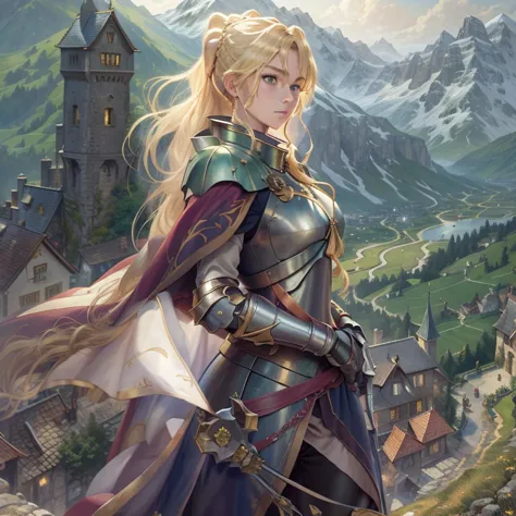 masterpiece, best quality, 1girl, alicetaria, blonde hair, long hair, ponytail, green eyes, armor, cape, solo, medieval castle, ...