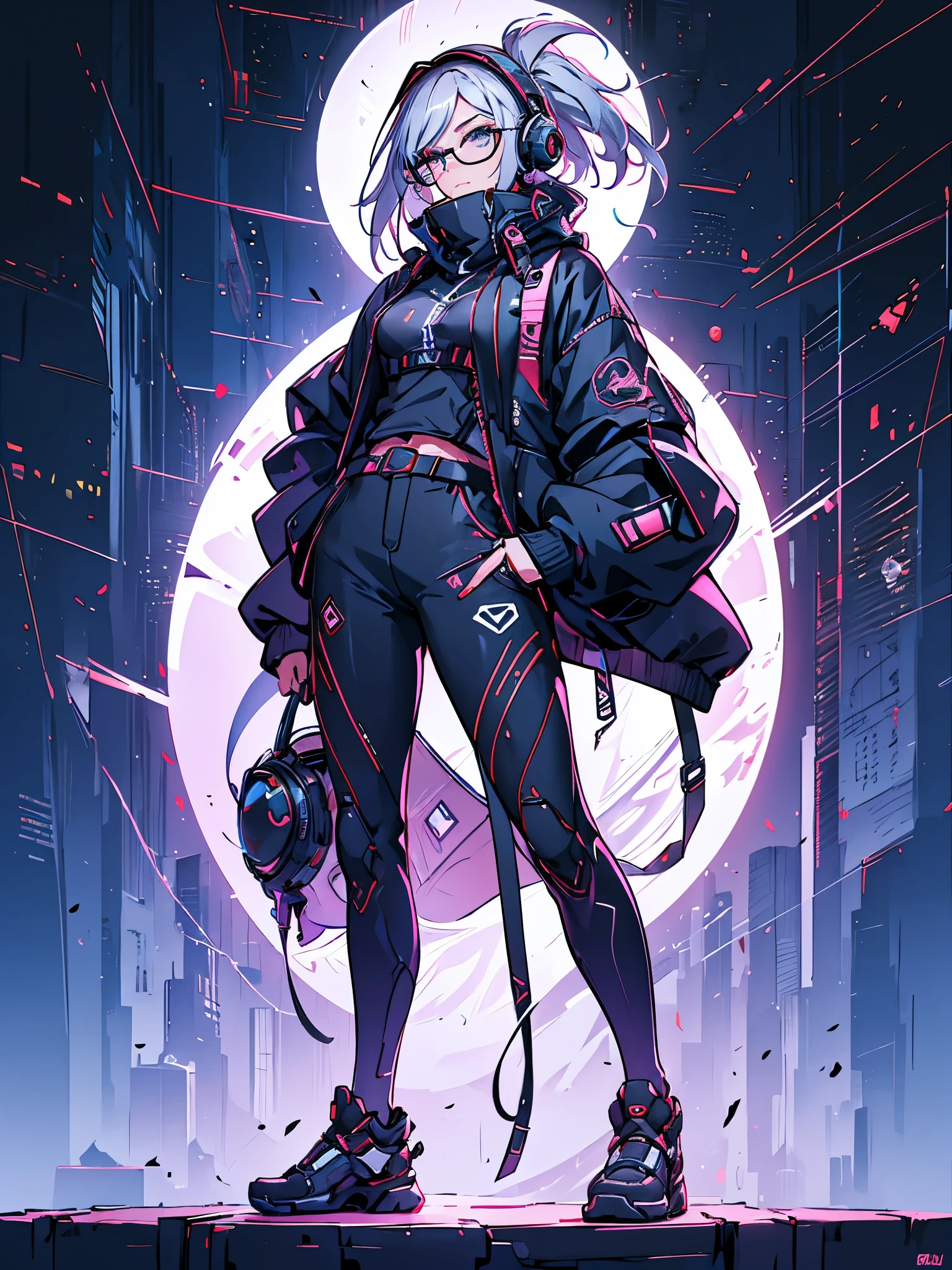 a woman with headphones next to a robot, fully body, staring overhead, cyber glasses, mouth half open, Dark sky with clouds, (((the girl has short white hair, tennis tech, and cyberpunk parts))), cyberpunk art by Jason A. English, CG Society, retrofuturism, Ilya Kuvshinov, sci-fi, futurist, Vibrant, photorealisitic, realisitic, dramatic, cinematic lighting, sharp focus, 8k
