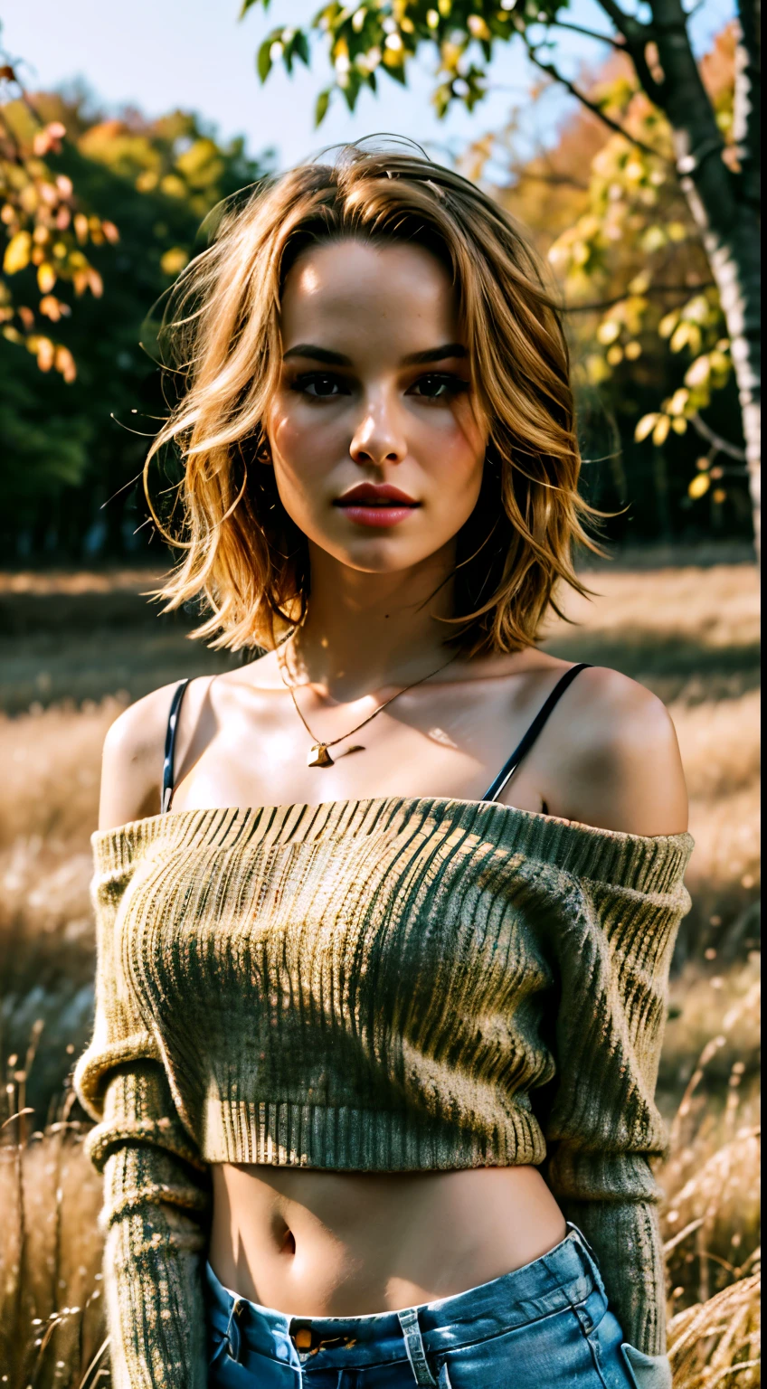 Bridgit Mendler, 35mm film, one sexy girl, supermodel, shiny skin, short hair, bangs, prefect face, makeup, blush, parted lips, big tits, cleavage, thin waist, off shoulder sweater, oversize sweater, long sleeves, (looking at viewer), field grass, maple trees, golden hour, film grain, (upper body), epiCPhoto,  Obra-Prima de trabalho, alta qualidade, 4k, belo design, brilhante,  Foto premiada, Extremamente Detalhada, Incredible, detalhes finos, Absurdo, altamente detalhados, olhos e rosto extremamente detalhados, Realista , insanely detailed and intricate, hyper maximalist, elegant, 
