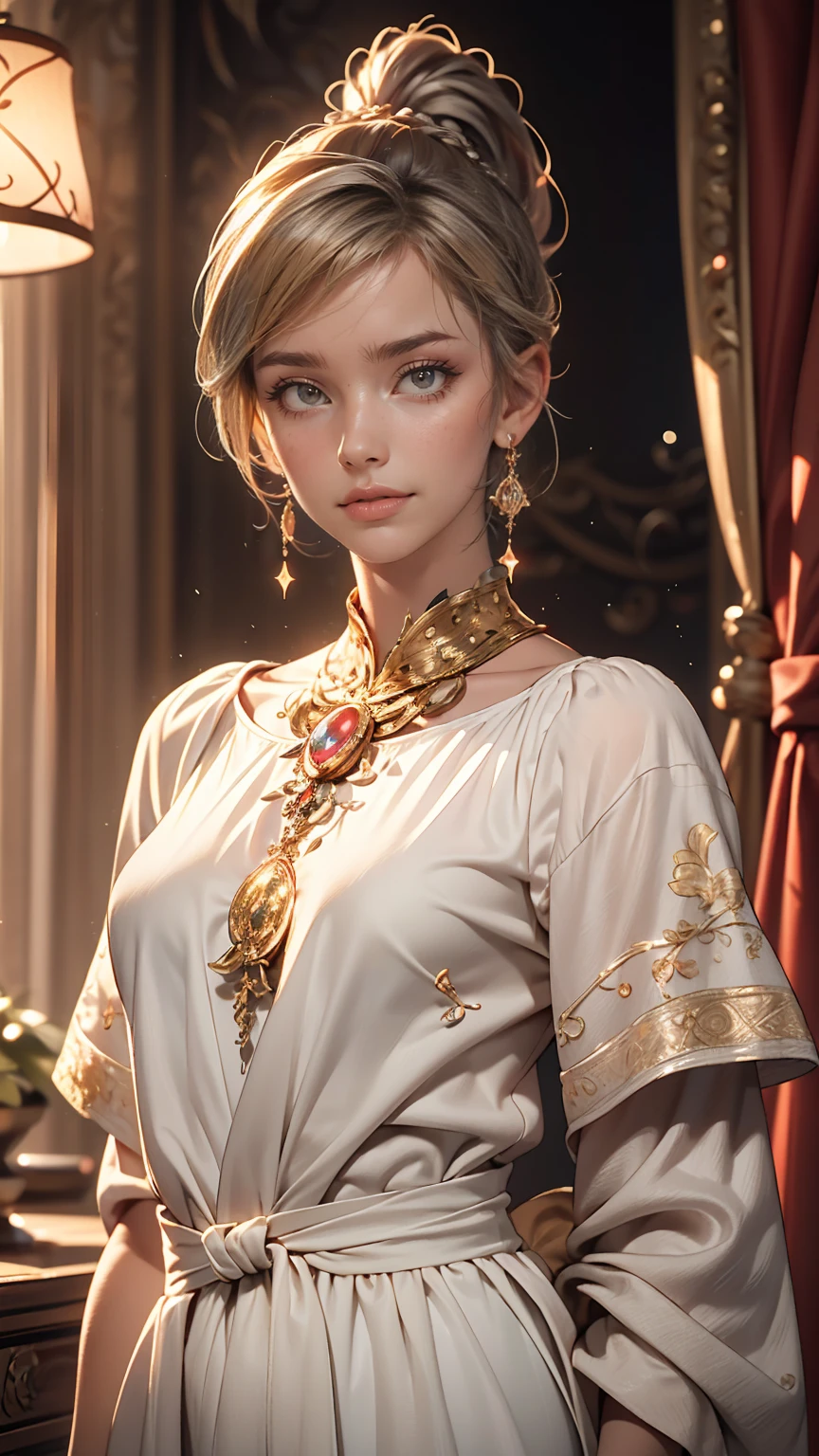 (highest quality, masterpiece:1.2), Ultra-high resolution, Realistic, Front lighting, Intricate details, Exquisite detail and texture, One girl, alone ,(young), Facial highlights, Upper Body, Detailed face, Teardrop Mole, white skin, Silver Hair, ponytail, Braid, View Viewer, Big eyes, silk robe, (Hollow pattern, white, silk), Earrings, Small breasts, The body is slim, Luxury Room, Professional Lighting, Photon Mapping, Radio City, Physically Based Rendering