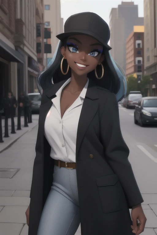 masterpiece, best quality, (Detailed face:1.2), (Detailed eyes:1.2), solo, 1girl, nessacasual, dark skin, makeup, smile, Opened black coat, white undershirt, brown pants, belt, hoop earrings, collarbone exposed, cleavage, outdoors, city street
