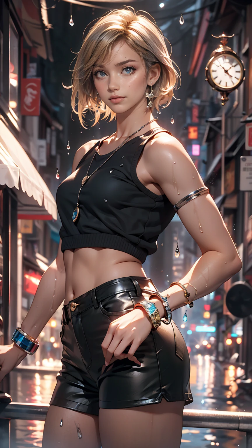 masterpiece, highest quality, Super detailed),(One girl), blue eyes, short hair, Brunette, Dynamic Angle, Dynamic pose, Natural light, floating, (Color Top:1.2|Black Top), (Tight Skirt:1.2|Leather pants:0.9), (Silver Bracelet:1.2|clock), (Natural background:0.8| Cityscape), (smile:0.8| Serious expression), (Light in the hair), lots of water droplets:0.8