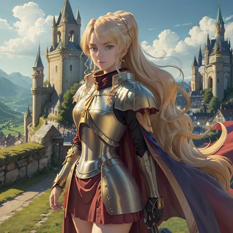 masterpiece, best quality, 1girl, alicetaria, blonde hair, long hair, ponytail, green eyes, armor, cape, solo, medieval castle, ...