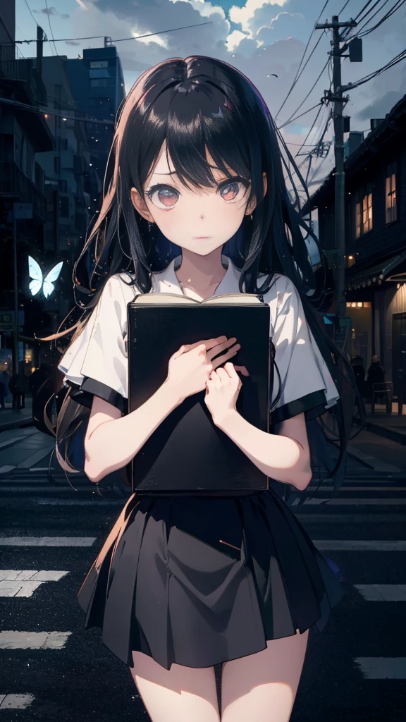 1 anime girl, alone,,Black petals flutter, A mysteriously shining butterfly.city,thin legs,Gloomy cloudy sky,sad expression,very clear,highest quality,city,standing on the street corner,Are crying,tears,close up of face,Sit in the water,holding a book in hand,Sit down