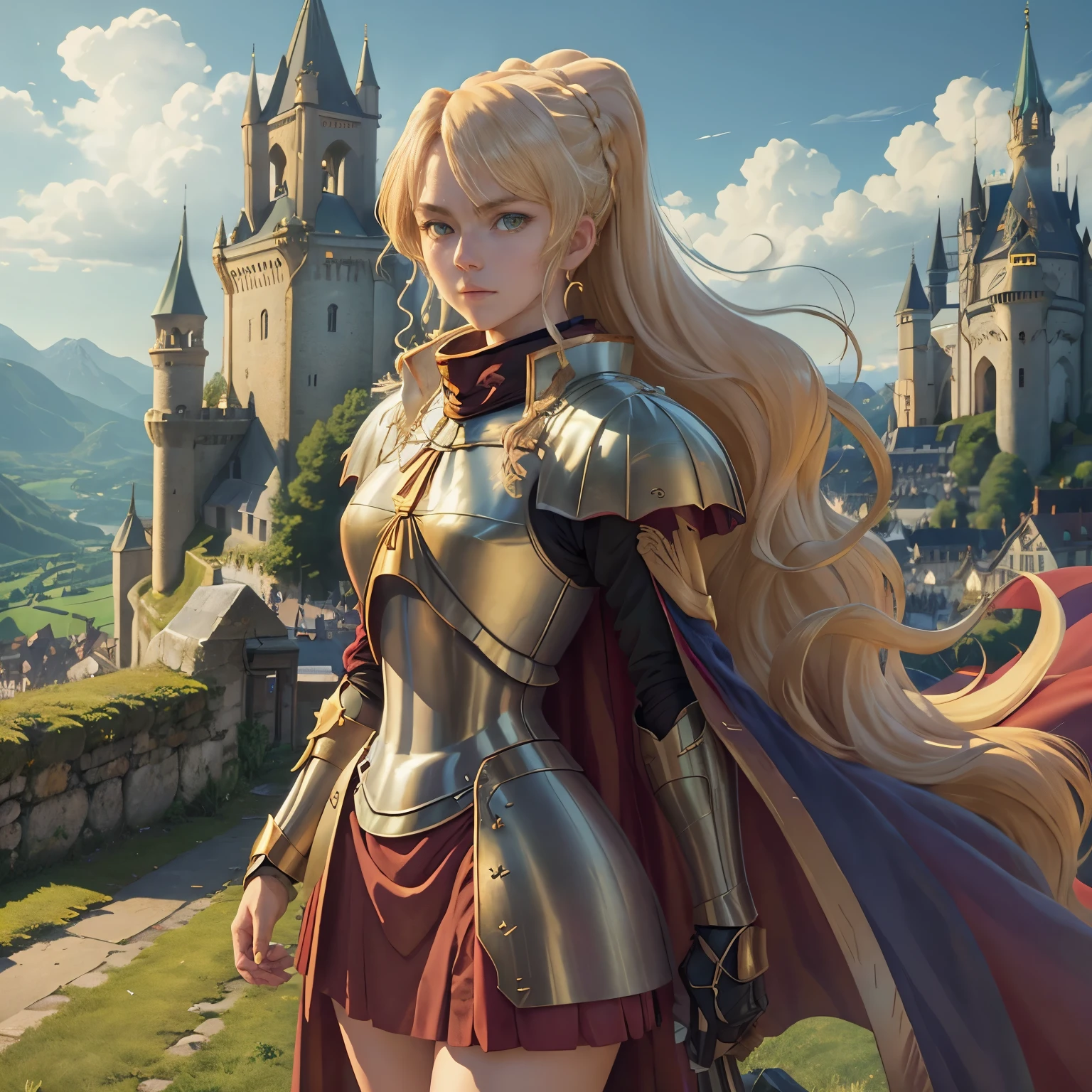 masterpiece, best quality, 1girl, alicetaria, blonde hair, long hair, ponytail, green eyes, armor, cape, solo, medieval castle, switzerland mountains background