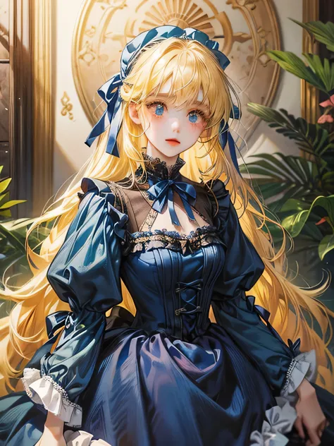 Lolita、Wearing a blue ribbon、Yellow Hair、The whole body enters、No background、Blue dress