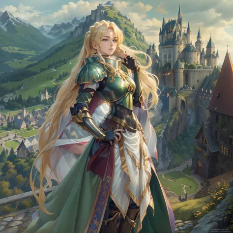 masterpiece, best quality, 1girl, alicetaria, blonde hair, long hair, ponytail, green eyes, armor, cape, solo, medieval castle, ...