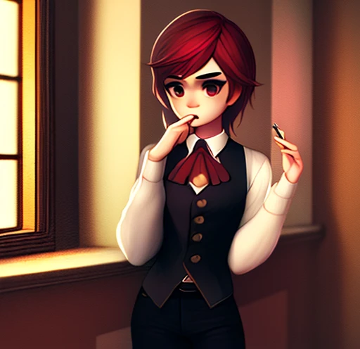 a boy man with asymmetric short undercut red hair, piercing eyes, a prominent eyebrows, rosy cheeks, hooked nose, smoking cigarette, wearing a Victorian-style vest and lace cravat, standing in a gothic striped lounge, (best quality,4k,8k,highres,masterpiece:1.2),ultra-detailed,intricate details, striking colors, dramatic lighting, stallintheunicow, brushy, painterly, drawing, painting