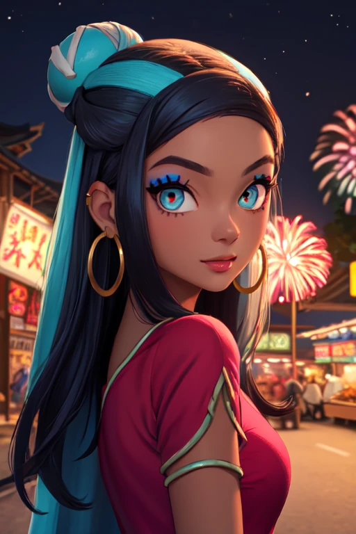 (masterpiece, best quality), (Detailed face:1.2), (Detailed eyes:1.2), 1girl, nessarnd, nessaholiday, dark skin, makeup, single hair bun, sarong, short sleeves, Blue Chinese dress, side slit, hoop earrings, street's of a Chinese market place, night time, fireworks
