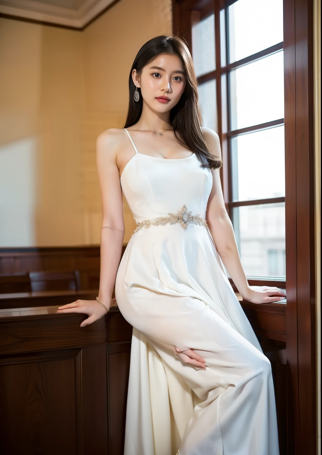 Beautiful 25 year old tall and slender woman。She is smiling. Her leg is very long.She is wearing a wedding dress. She is illuminated by sunset light. the evening church lights is on . her black hair. High resolution、masterpiece、highest quality、頭w:1.0、((Hasselblad Photos))、fine skin、(movie lighting)、clavicle . full body picture.