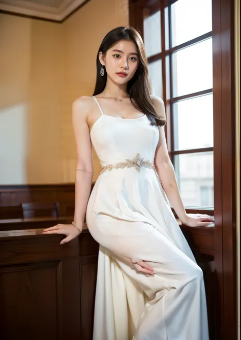 Beautiful 25 year old tall and slender woman。She is smiling. Her leg is very long.She is wearing a wedding dress. She is illumin...