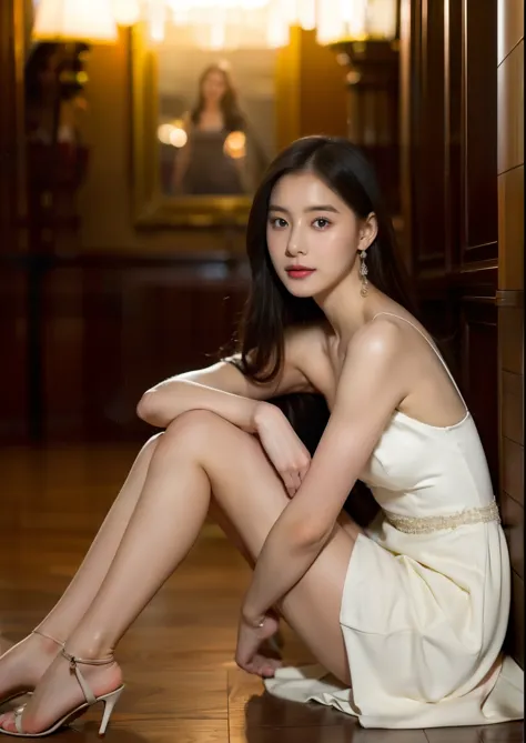 beautiful 25 year old tall and slender woman。she is smiling. her leg is very long.she is wearing a wedding dress. she is illumin...