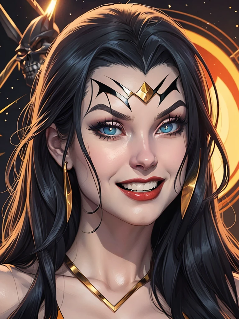 1 garota, Sozinho, altamente insanamente detalhado, Obra de arte, maximum quality, melhor qualidade, high resolution, 4k, 8K, Foto CRU, 
Comic style, arte linear,
sorriso, olhos brilhantes, olhos vermelhos, 
 Magia, skull, morcegos,
1 garota,  
 Vampira,