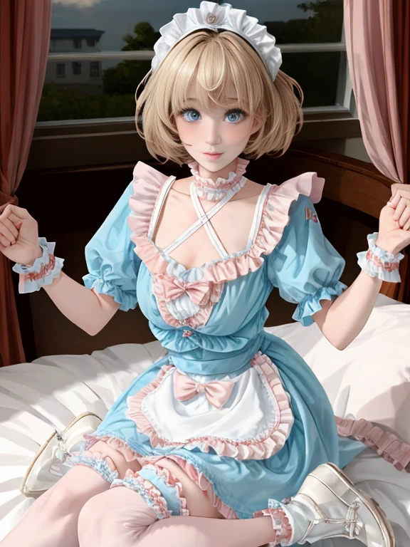 1girl, crossdressing, anime, beauty, small breasts, short hair, blonde hair, blue eyes, japanese maid dress, bedroom, sexy pose, happy blush, looking at viewer,