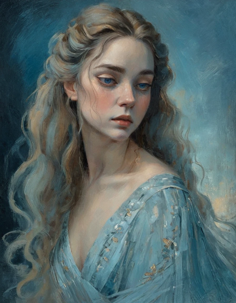 Un retrato de una mujer joven, pintura al óleo, paleta de colores azul apagado, iluminación suave, rasgos faciales detallados, Pestañas largas, expresión serena, Piel delicada, pelo que fluye, vestido elegante, ambiente atmosférico, composición cinematográfica, Fotorrealista, 8K, muy detallado, obra maestra