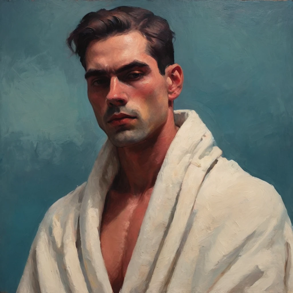 técnica de claro-escuro em ilustração sensual de um homem arafed em um cobertor branco, masculino sexy, modelo com corpo atraente, inspirado em Ludovit Fulla, meio do tiro de um bonitão, o modelo envolto em fluxo, pintura a óleo espessa de Harumi Hironaka, cores extremamente suaves, vibrante, Altamente detalhado, pintura de malcolm liepke, óleo sobre tela, Alto contraste, dramático, refinado, tonal, Create Alto contraste between light and sombra by Leon Polk Smith, memphis abstract Arte mínima, formas gráficas, Arte mínima, azul e vermelho, Arte mínima style, arte bauhaus, inspirado em El Lissitzky, Formas simples em negrito, sombra