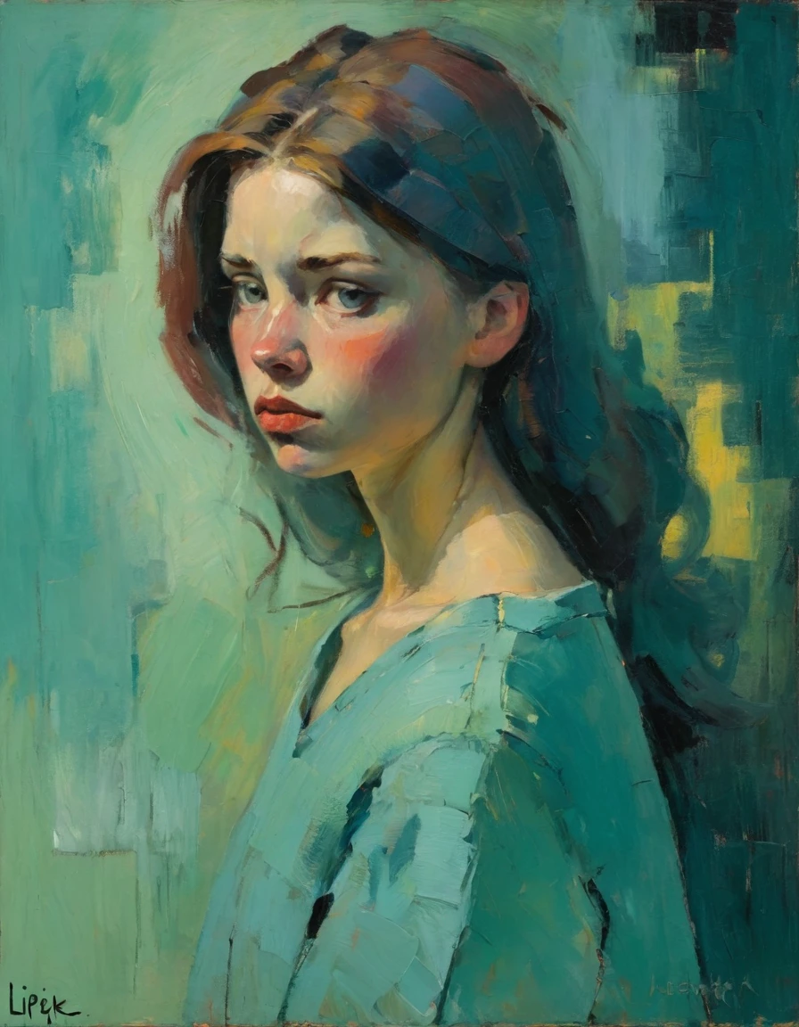 Crea una pintura al óleo evocadora inspirada en Malcolm Liepke, basado en la imagen proporcionada. Captura lo intenso, expresión introspectiva del joven sujeto usando gruesas, pinceladas expresivas y una paleta de colores apagados. Resaltar la profundidad emocional y la vulnerabilidad en la mirada del sujeto., enfatizando el juego de luces y sombras en su rostro. mantener una sencilla, Fondo texturizado que complementa la presencia contemplativa del sujeto.. Centrarse en la calidad táctil de la pintura al óleo para transmitir la emoción cruda y la intimidad características del estilo de Liepke..
