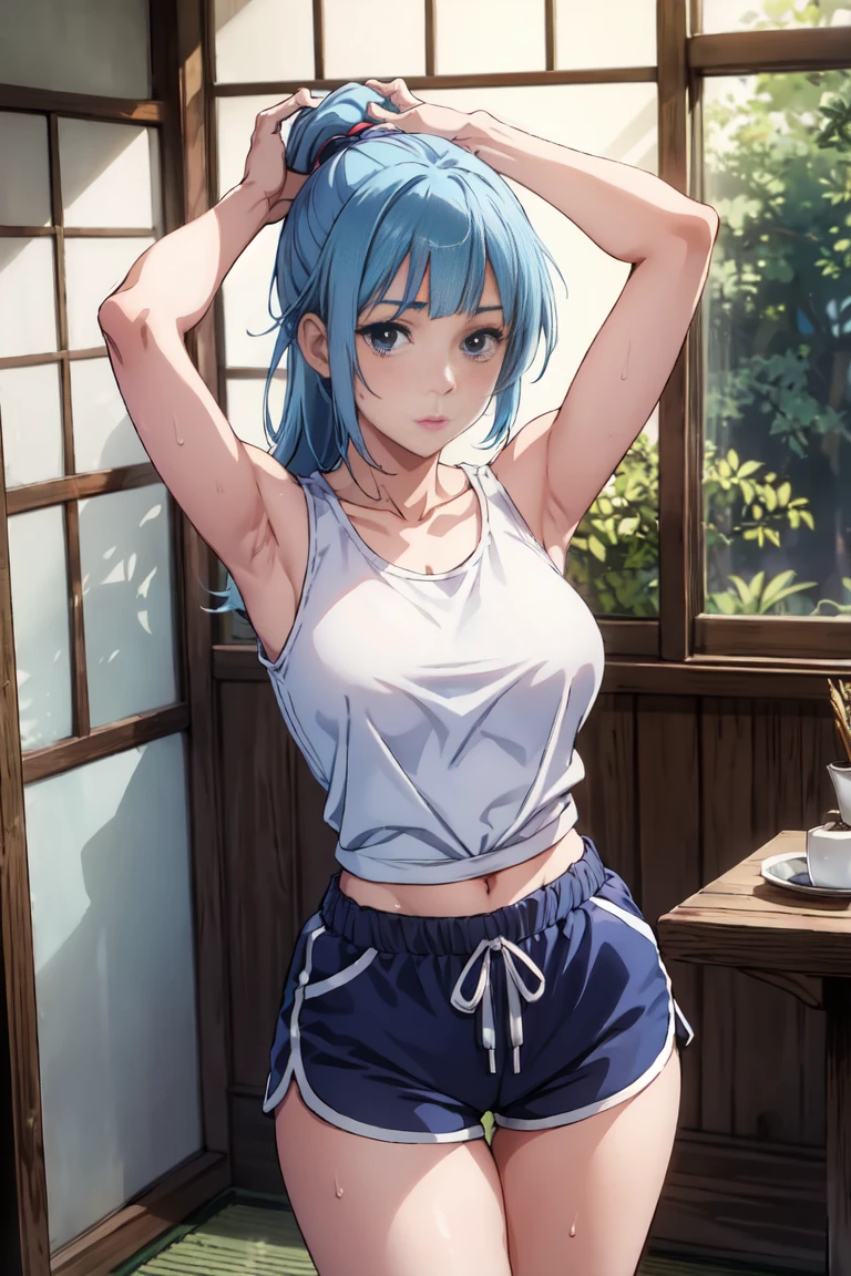 (extremely detailed CG unity 8k wallpaper),(masterpiece),(best quality),(ultra-detailed),(best illustration),(best shadow),(absurdres),  Kasumi, 1girl, solo, blue hair, long hair, blue eyes, holding, bangs, blunt bangs, indoors, upper body, straight hair, tanktop, sleeveless, collarbone, bare shoulder, Standing in bedroom , large breasts, Extremely wide hips, thick thighs, facing camera, looking at viewer, (wide hips), beautiful japanese garden background, dolfine shorts, dshorts, lips seperated, cleavege, athletic shorts, Extremely tight shorts,booth shorts, perfect face, kasumi miwa, miwa, handsome on head, arms up, sweating ,hot, ponytail,36 year old mature woman