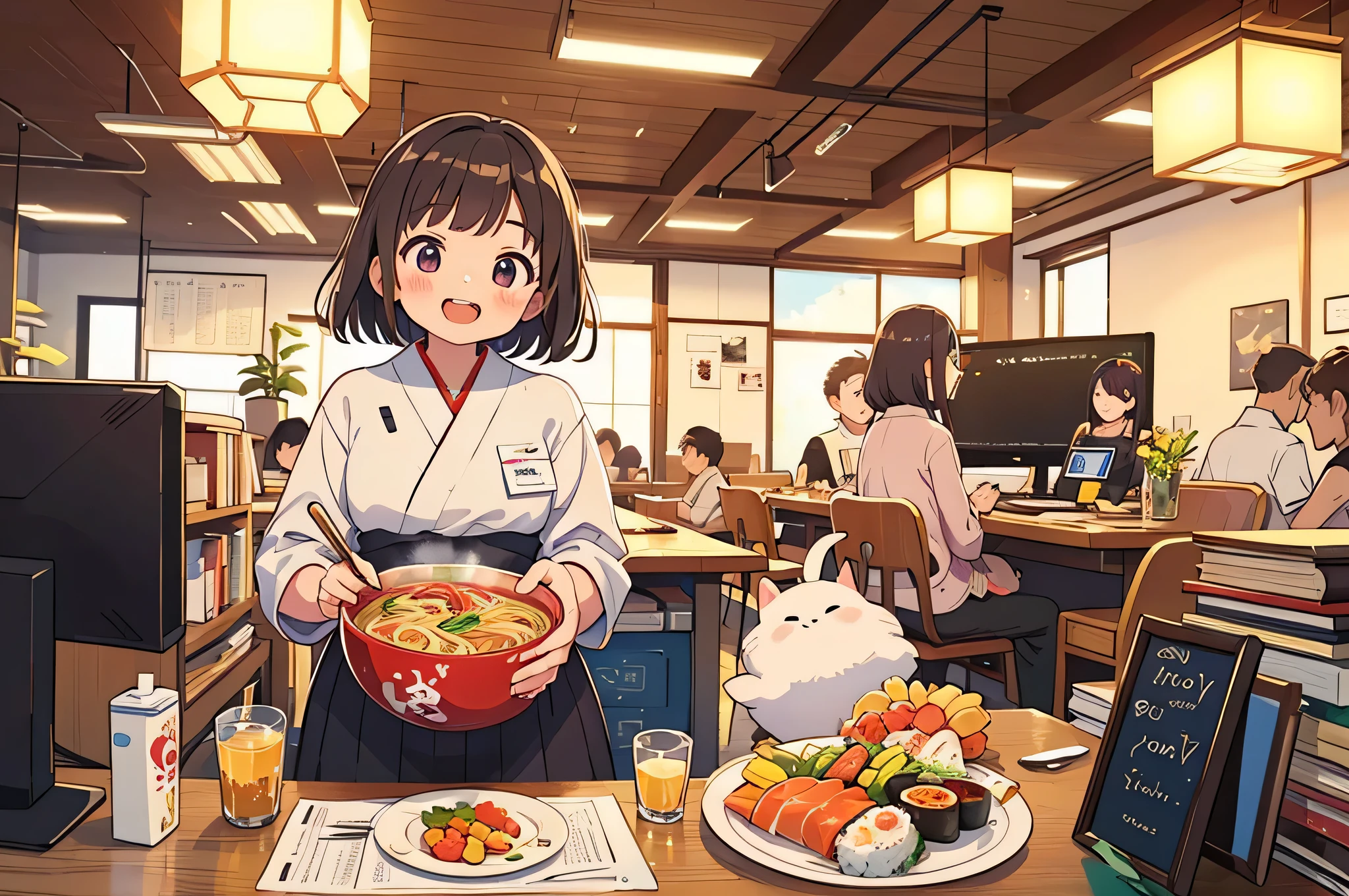 ((masterpiece, highest quality)), Japanese, girl, cute,  Workplace office, Eating a large bowl of chilled Chinese noodles and sushi、Looks happy