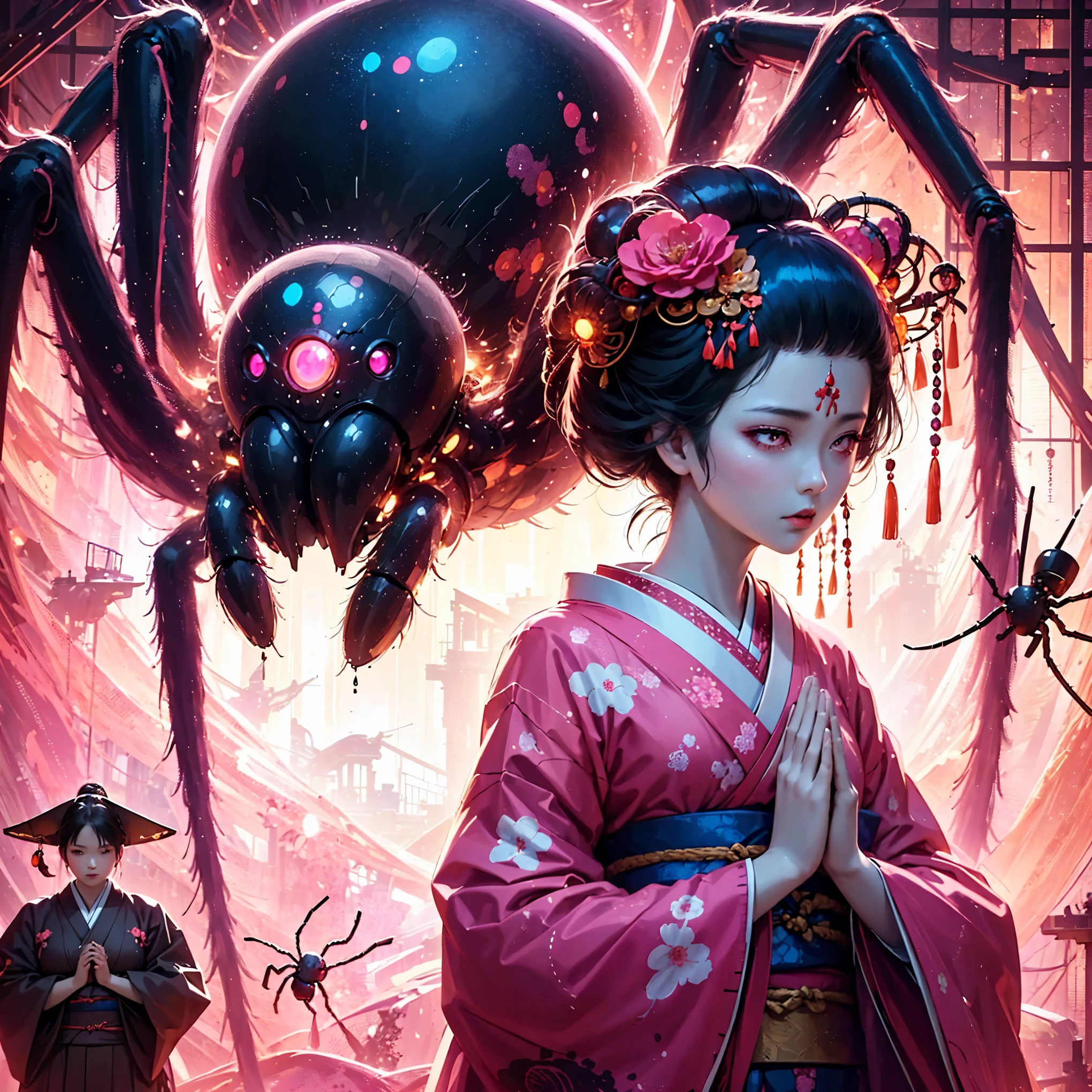 Japanese kimono girl. Praying girl. Pink eyed girl. Giant spider behind the girl. Pink spider aura. Phantom spider. Hanging spider. stained glass background.