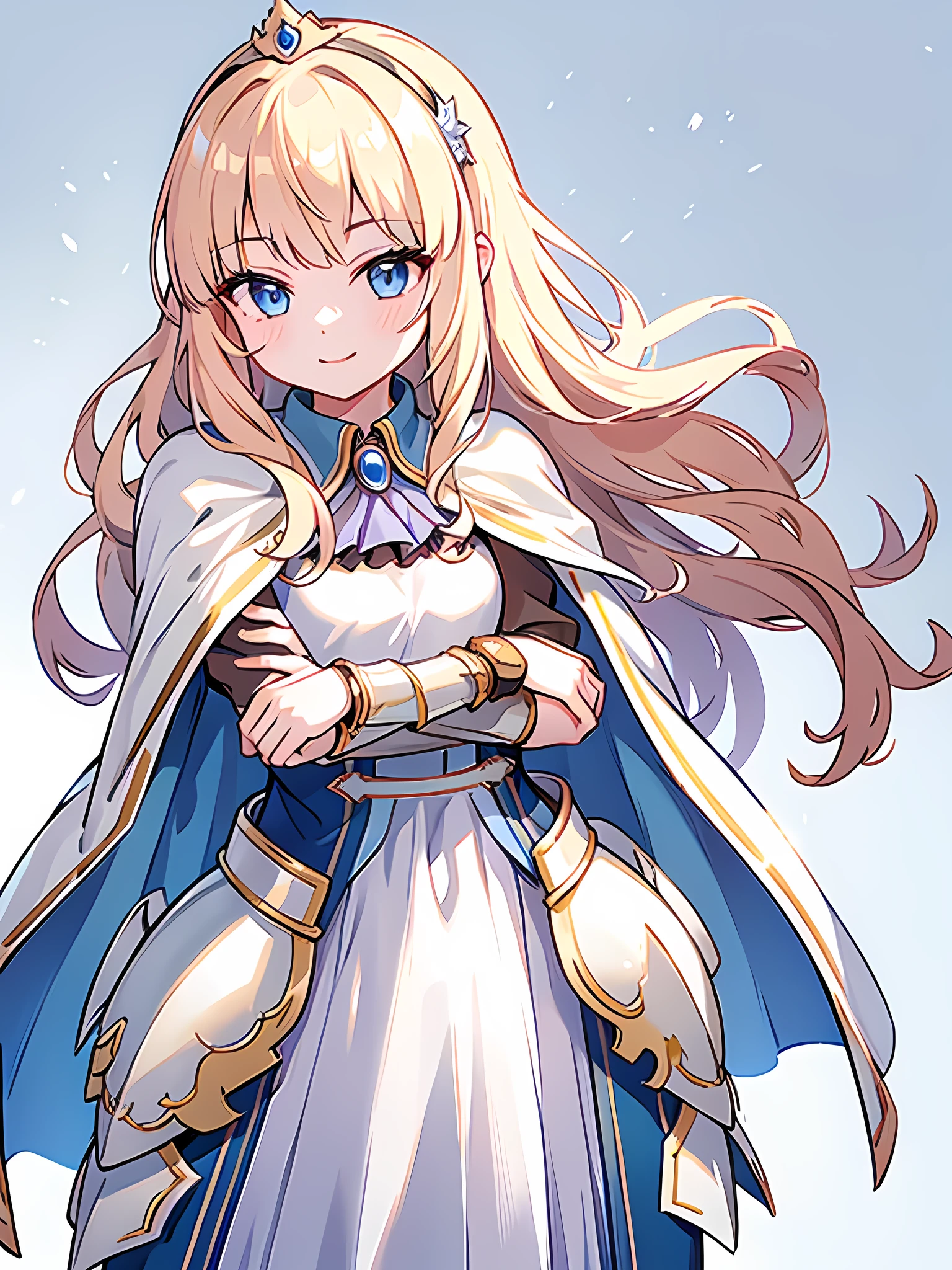 Clear background,Girl、Brave、Beautiful and elegant armor、Plate Armor、Chainmail、Cape、Cape、Small Crown、tiara、Amulet、pendant、bracelet、ring、A large legendary sword engraved with magical powers and symbols.、Powerful Shield、courage、Decisiveness、leadership、Responsibility、Feeling for friends、Dedication、sincerity、Justice、Excellent swordsmanship、High protection、magic、Big eyes、Long Hair、Elegant style、Beauty and charm,smile
