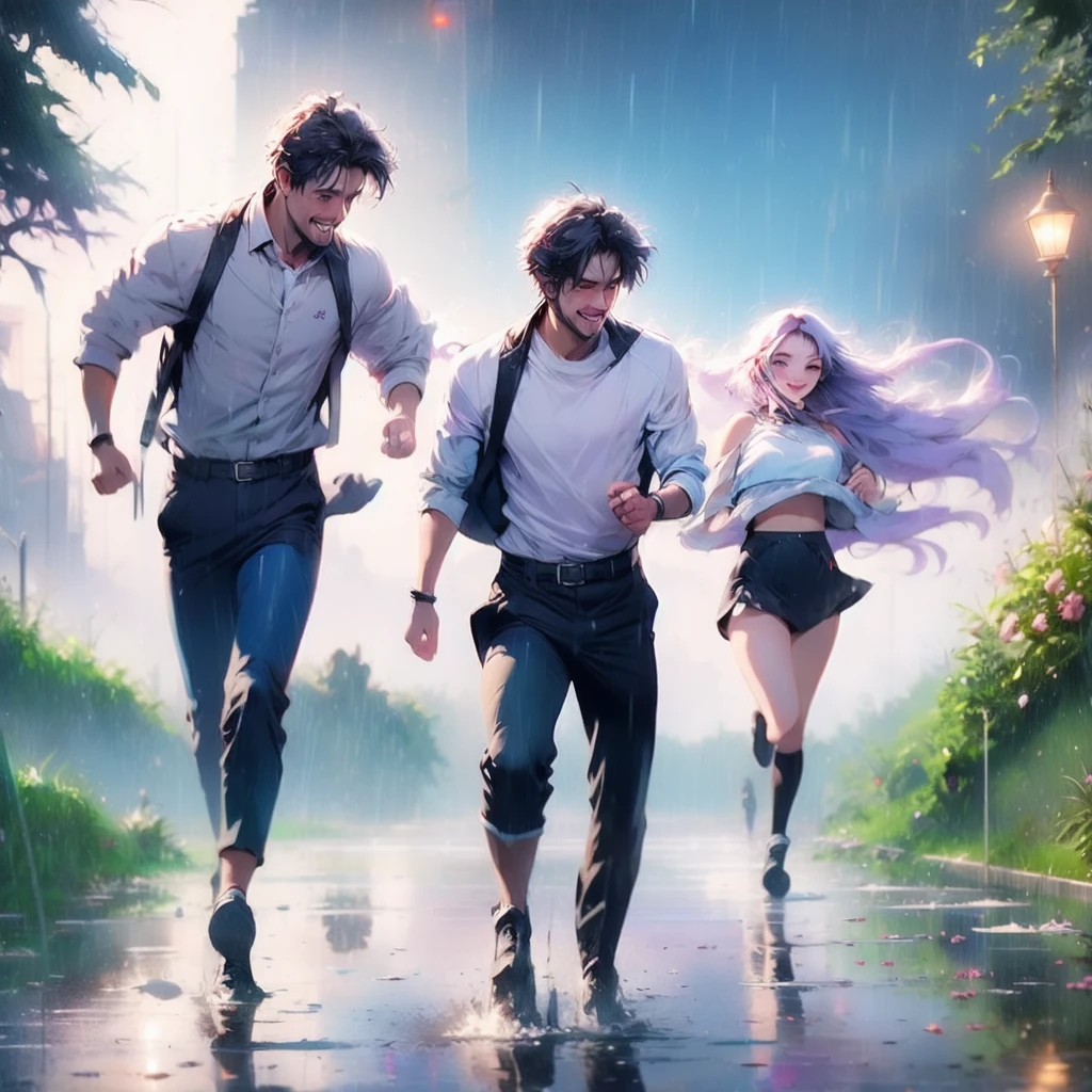 (masterpiece, highest quality:1.2), A man and a woman running in the rain, A man is playing with a girl in the rain, smile, Wet, Wet Hair, Wet day, Dark Sky, Gloomy Rain, Couple, romantic, romantic scenery, Cinema Lighting, Cinematic landscape, romantic, Soft Light, wallpaper, Expanding Landscape, 1 girl, 1 male, whole body