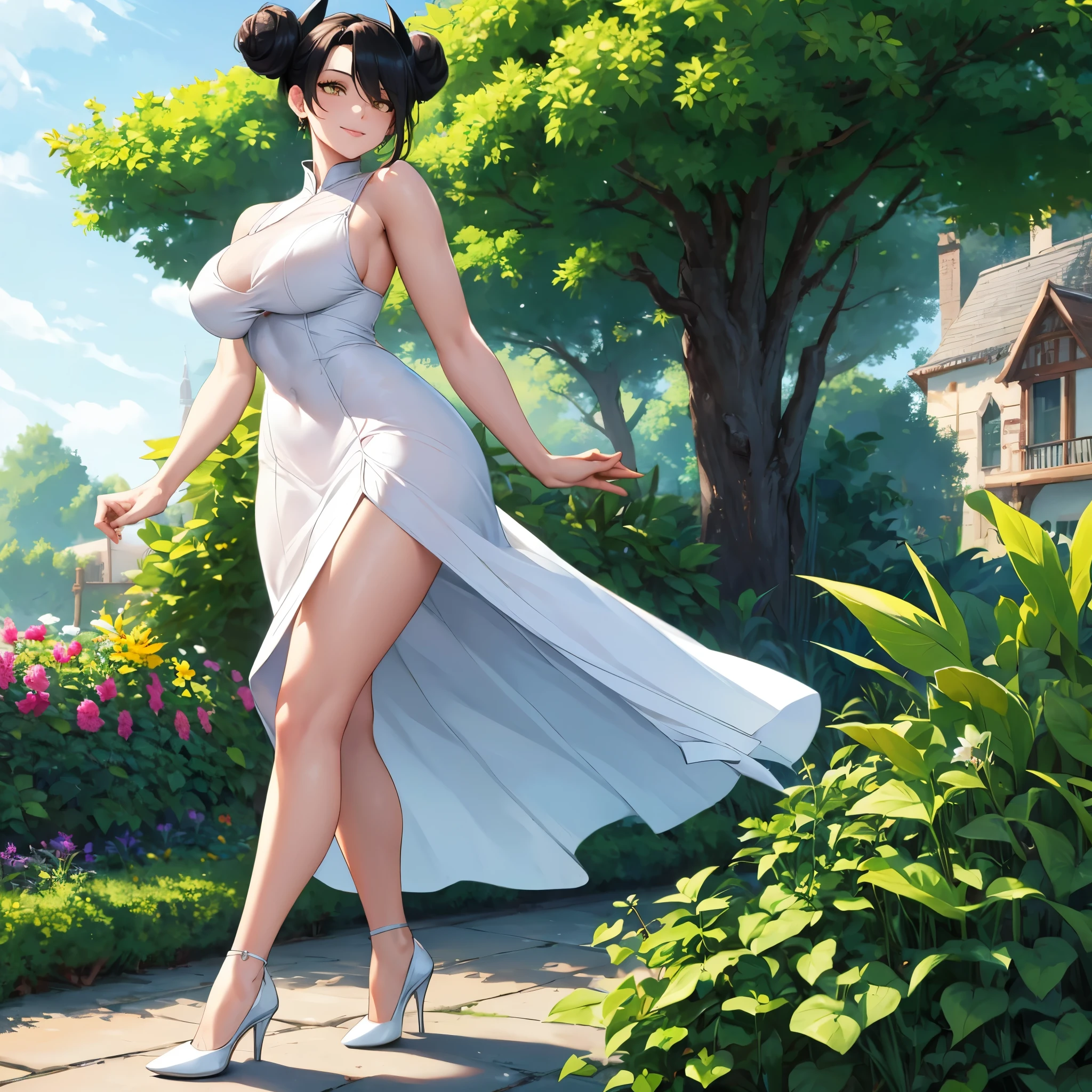 A woman wearing a sophisticated and elegant white dress, black hair, pigtail hair buns, yellow eyes, walking in a garden of a modern house, smiling, white heels, big breasts, perfect face, perfect hair, garden with trees with medieval wall, sky blue.UHD, masterpiece, accurate, anatomically correct, textured skin, super detail, high quality, best quality, 8k, high resolution, bokeh effect.(solo woman)
