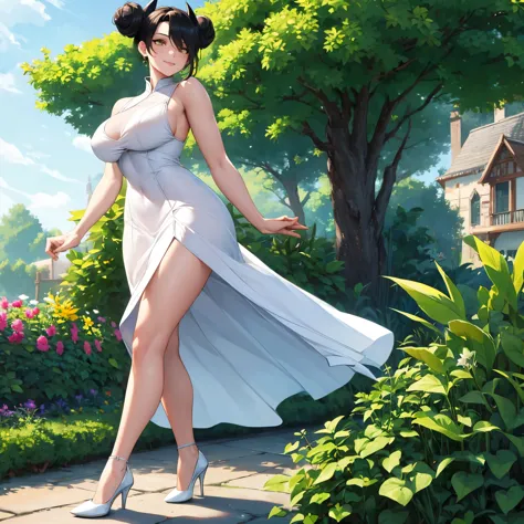 a woman wearing a sophisticated and elegant white dress, black hair, pigtail hair buns, yellow eyes, walking in a garden of a mo...