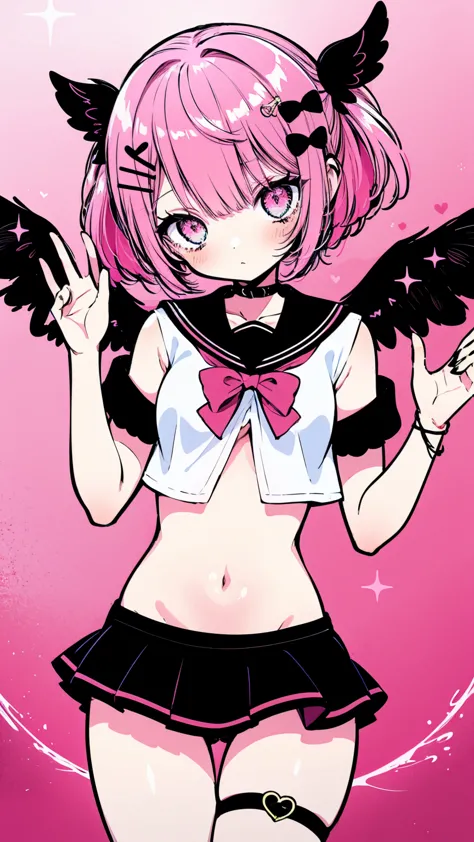 A pink-haired　bright pink color　short-hair 　big red ribbon　The ribbon is tied at the back、Uniforms　magical little girl　Eye color...