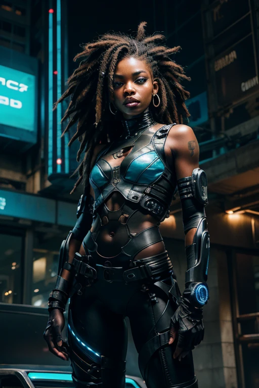 A stunning woman in a post-apocalyptic cyberpunk setting. Your ebony skin glows under the neon light, Blue cybernetic eyes stand out from a chiseled face with strong features. Cabelos em dreadlocks adornados com LEDs piscantes. Ela veste um traje futurista preto e prata, with circuits and metallic armatures, adjusted to the athletic body, She&#39;s on a futuristic street, surrounded by crumbling skyscrapers, faded holographic signs, colorful neons and sparks from electrical wires. Metallic plates and urban debris punctuate the scene. The sky in shades of artificial purple and blue contrasts with the deep shadows of the streets.