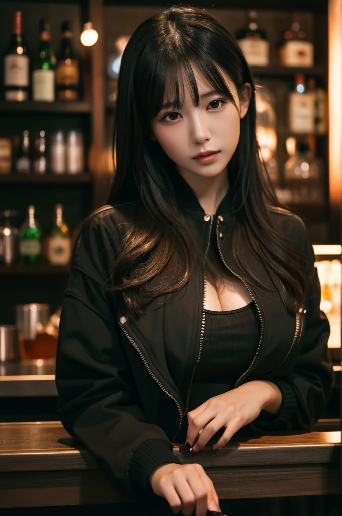 best quality, 8k, highly detailed face and skin texture, high resolution, huge tits japanese girl in black jacket at bar, full body, sharp focus