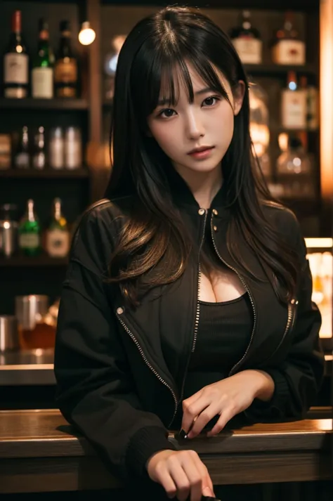 best quality, 8k, highly detailed face and skin texture, high resolution, huge tits japanese girl in black jacket at bar, full b...