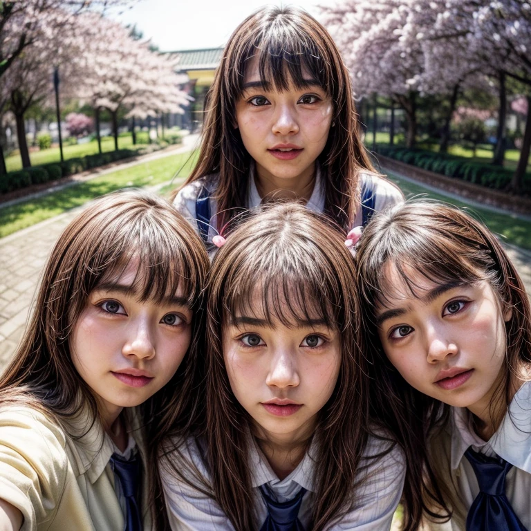 (Panoramic group photo of schoolgirls SURROUNDING and looking down at the camera) . (highest quality, High resolution, masterpiece, realistic:1.2),(HDR, Bright colors), beautiful face, detailed facial features, pose for a photo, (close:1.3, seen from below), detailed expression, natural pose, CherryBlossoms background with fog, photon mapping