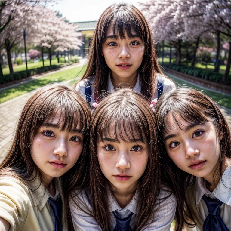 (Foto panorámica de grupo de colegialas ALREDEDOR y mirando a la cámara.) . (de la máxima calidad, alta resolución, Obra maestra, Realista:1.2),(HDR, colores brillantes), hermoso rostro, rasgos faciales detallados, posar para una foto, (cerca:1.3, visto desde abajo), expresión detallada, pose natural, Fondo de flores de cerezo con niebla, mapeo de fotones