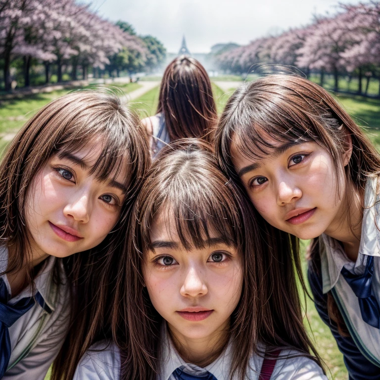 (Panoramic group photo of schoolgirls SURROUNDING and looking down at the camera) . (highest quality, High resolution, masterpiece, realistic:1.2),(HDR, Bright colors), beautiful face, detailed facial features, pose for a photo, (close:1.3, seen from below), detailed expression, natural pose, CherryBlossoms background with fog, photon mapping