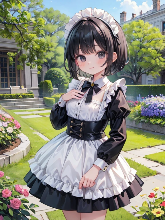 masterpiece, highest quality, Very detailed, 16k, Ultra-high resolution, Cowboy Shot, Detailed face, Perfect Fingers,  female,  Black eyes, Black Hair, short hair, Luxurious Western-style building, Black maid outfit, Garden of the mansion, flower bed, smile